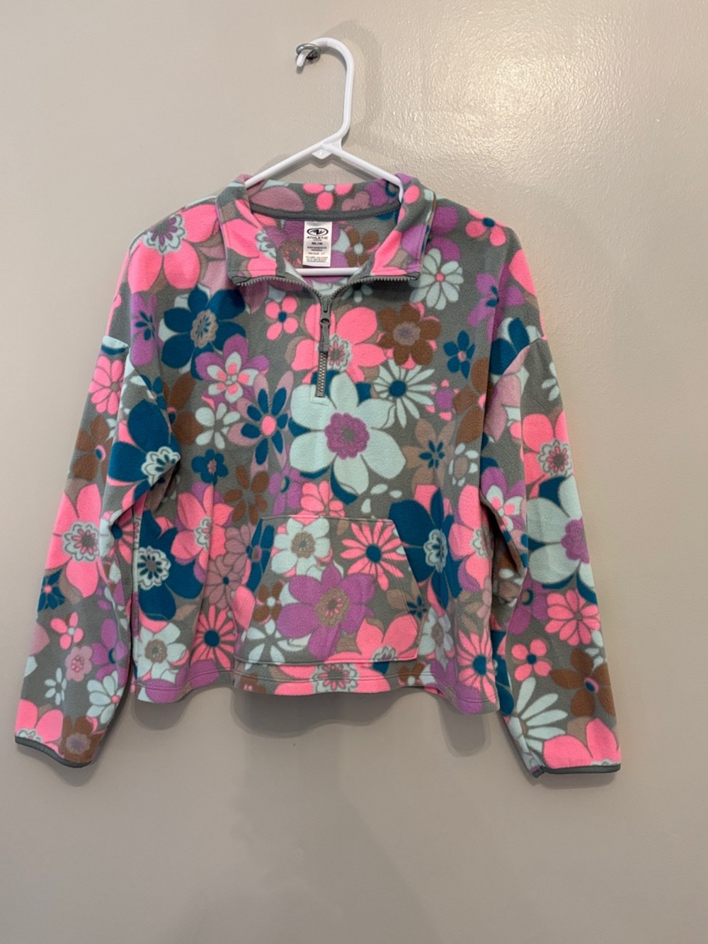 Athletic Works Gray Fleece Half-Zip Pullover with Pink & Aqua Floral Print